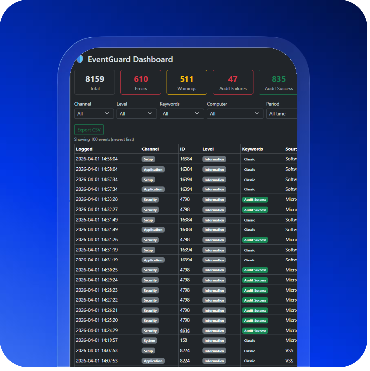 EventGuard Windows log management dashboard showing search interface and event data