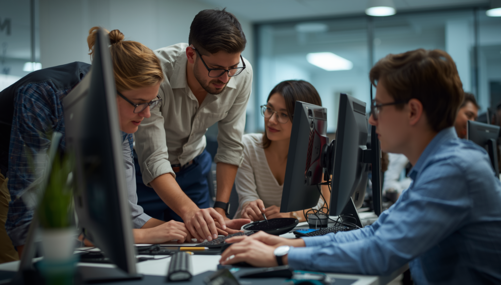 Multiple development, security, and operations teams collaborating around a unified log management platform